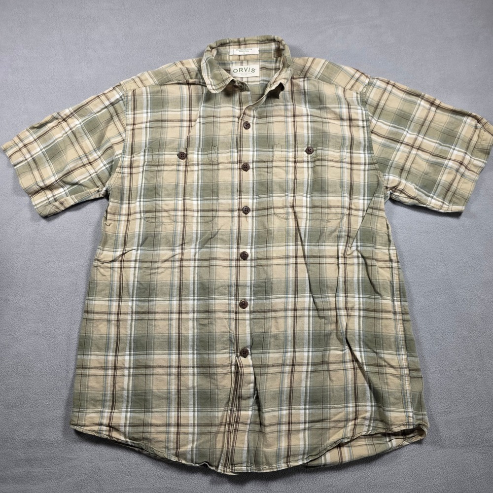Orvis Shirt Mens Large Green Plaid Linen‎ Blend Short Sleeve